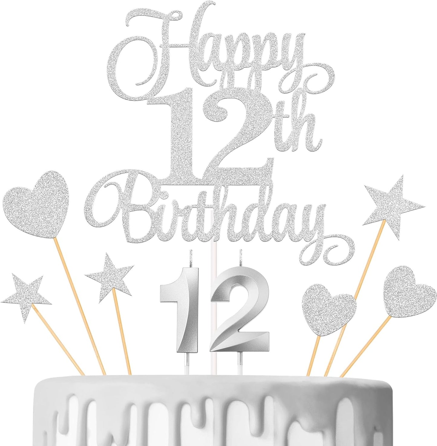 12th Birthday Cake Decorations, 12th Birthday Candles Cake Numeral Candles and Glitter Happy 12th Birthday Cake Toppers Set for Birthday Party Supplies (Silver)