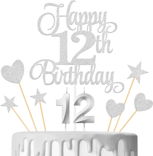 12th Birthday Cake Decorations, 12th Birthday Candles Cake Numeral Candles and Glitter Happy 12th Birthday Cake Toppers Set for Birthday Party Supplies (Silver)