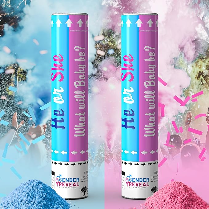 POPUPARTY 2 Pack Gender Reveal Confetti smoke Powder Cannon | 1 Pink & 1 Blue Confetti and Powder Poppers | Ideal for Baby Girl or Boy Gender Reveal Decoration and party