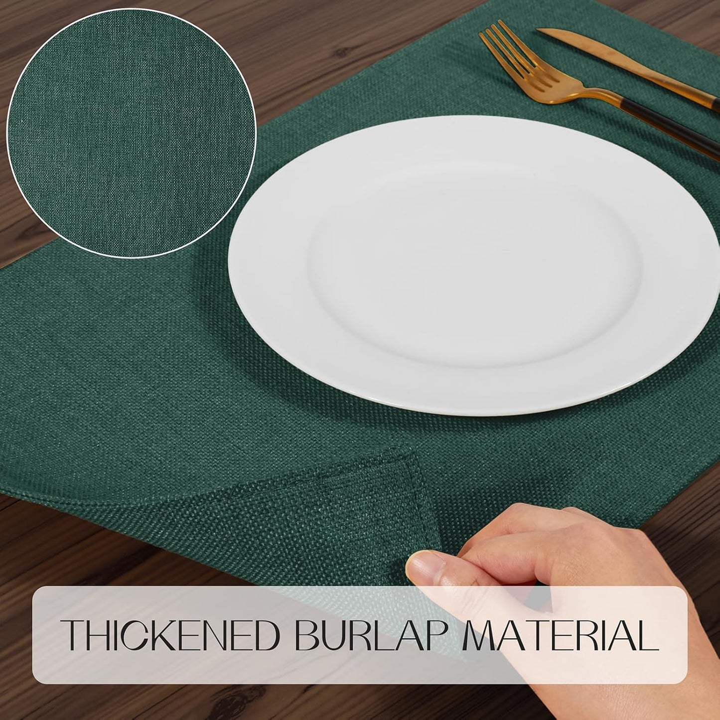 Romanstile Cloth Placemats Set of 8-12 x 18 Inch, Heat Resistant Double Layered Thickened Burlap Christmas Place Mats, Washable Linen Farmhouse Table Mats for Kitchen/Dining/Party/Outdoor, Green