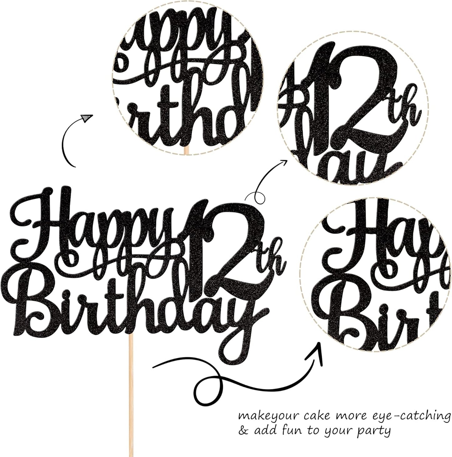 1 PCS Happy 12th Birthday Cake Topper Glitter Cheers to 12 Years Birthday Cake Pick 12 Fabulous Cake Decoration for Happy 13th Birthday Theme Party Decorations Supplies Black