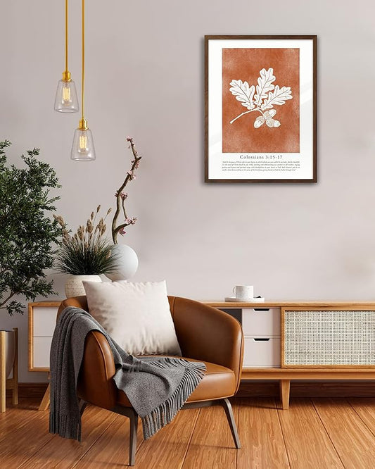 EcoHest Vintage Christian Fall Framed Wall Art, 12x16 in Walnut Color OAK Wood Burnt Orange Bible Verse Canvas Wall Art, Botanical Scripture Colossians Faith Home Decor, 1Pack for Bedroom Living Room