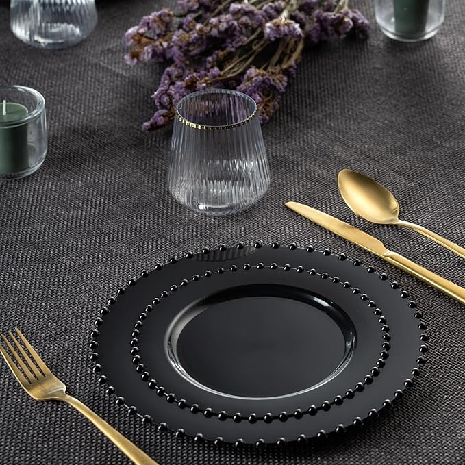 PLASTICPRO 128 Piece Combo Plastic Dinner Plates Disposable Plastic Fancy Heavy Duty Party Dishes 7 inch and 10 inch, Black Beaded