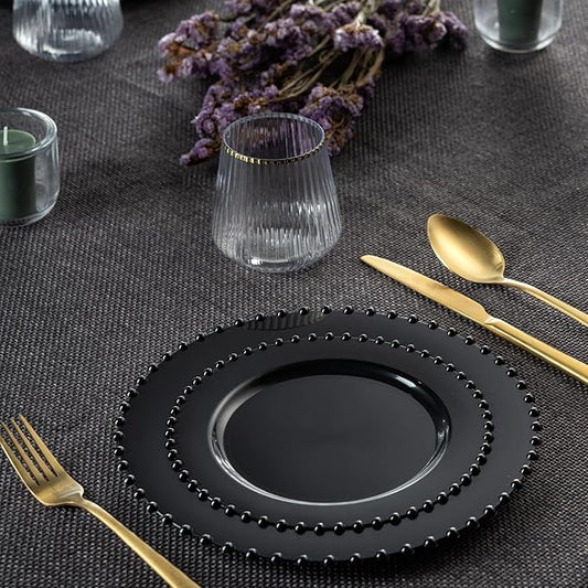 PLASTICPRO 64 Piece Combo Plastic Dinner Plates Disposable Plastic Fancy Heavy Duty Party Dishes 7 inch and 10 inch, Black Beaded