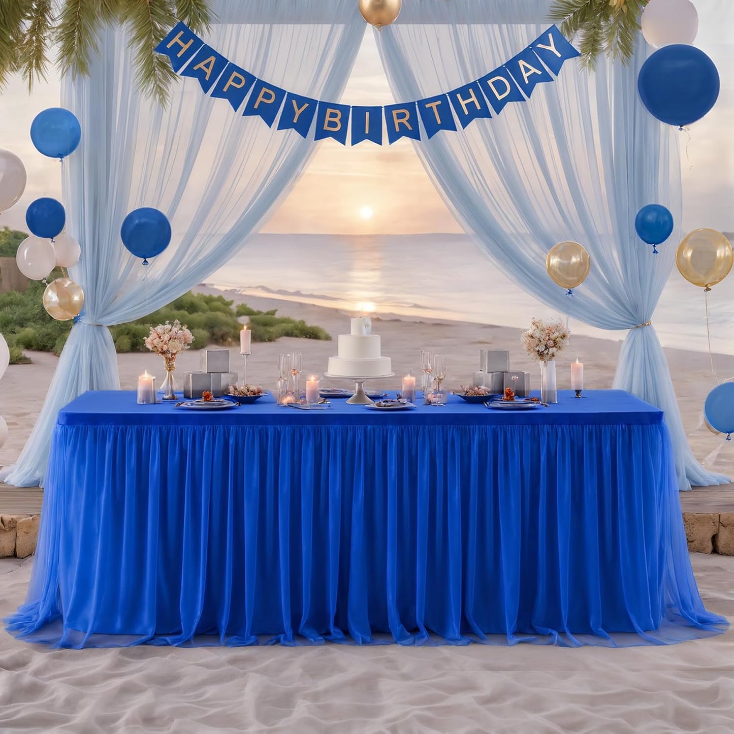 4 Pack 8ft Royal Blue Tulle Tablecloths for Rectangle Tables, 8 Foot Rectangular Table Cloth Wrinkle Free Tablecover with Tutu Skirt for Baby Shower Wedding Birthday Party Banquet Buffet Cake