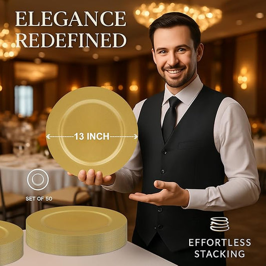 JEVERGN 50 Pack Gold Charger Plates Bulk, 13" Chargers for Dinner Plates, Gold Plate Chargers Set of 50, Round Plastic Charger for Wedding, Party Event, Dinner, Table Setting