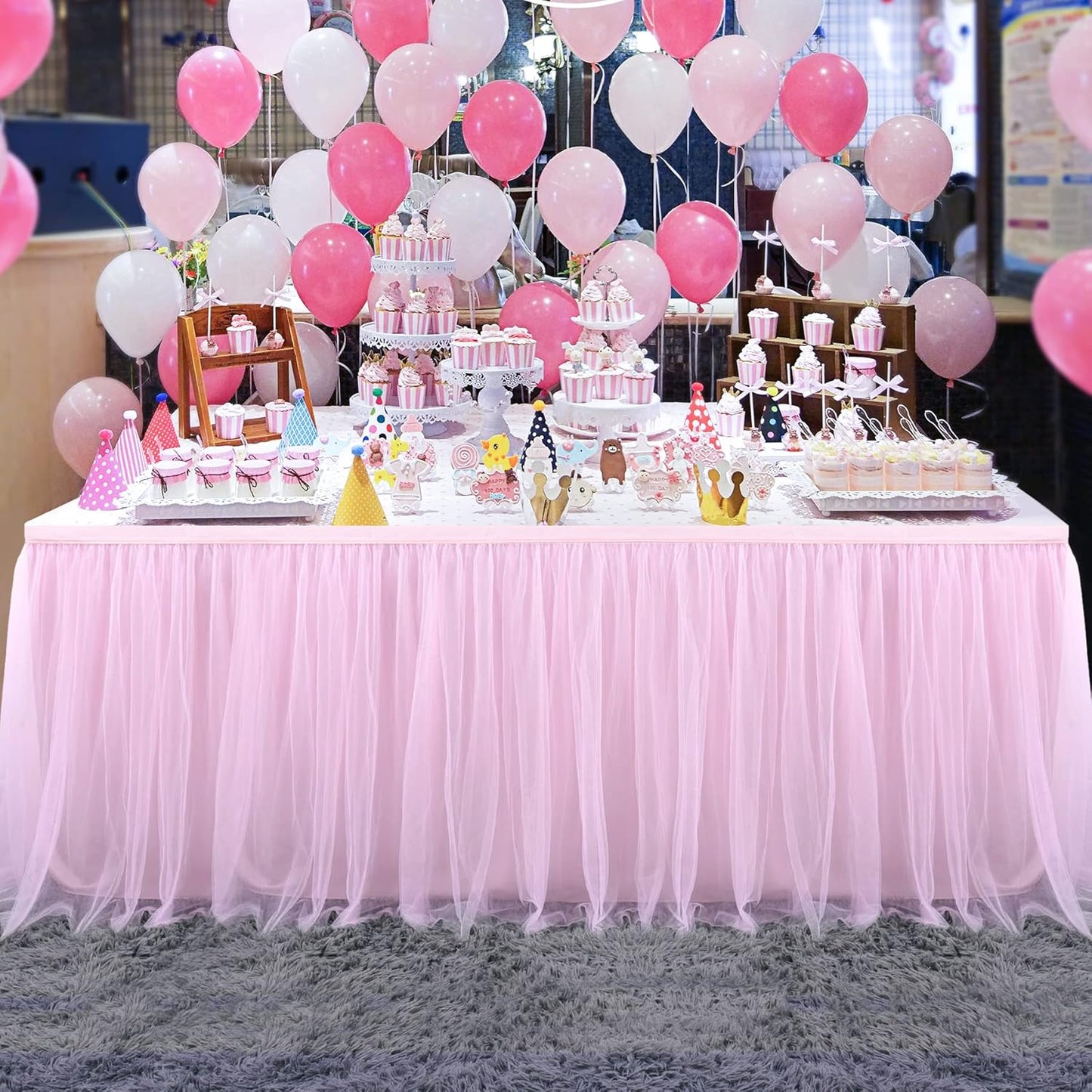 Suppromo 2 Pack 6ft Pink Tulle Table Skirts for Rectangle Tables or Round Tables Pink Tutu Tablecloth Cover for Princess Baby Shower Girls Birthday Party Wedding Cake Dessert Table Decorations