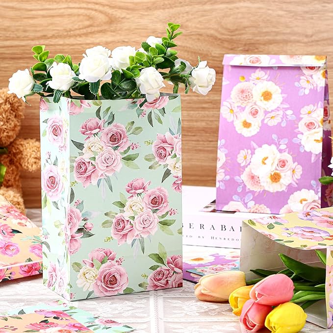 Panelee 24 Pcs Floral Gift Bags Pastel Small Tea Party Favors Flowers Paper Lunch Bag Bulk 8.7x4.7x3 in Goodie Candy Treat Pouches for Wedding Bridal Shower Birthday Mother's Day Decoration