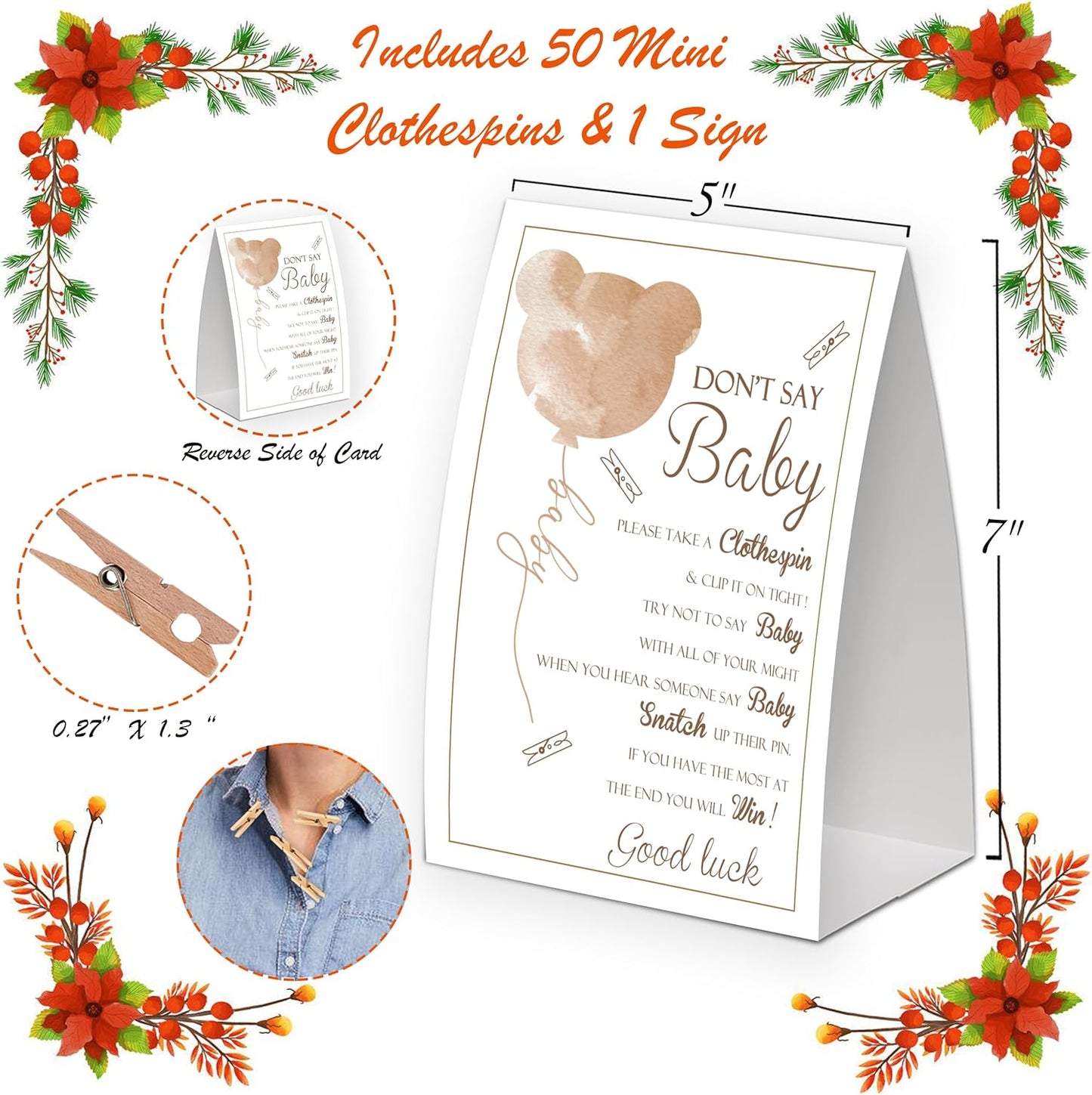 Bear Baby Shower Decorations - Gender Neutral & Fall Themed, Includes Don't Say Baby Game & Small Clothespin Game for 50 Guests