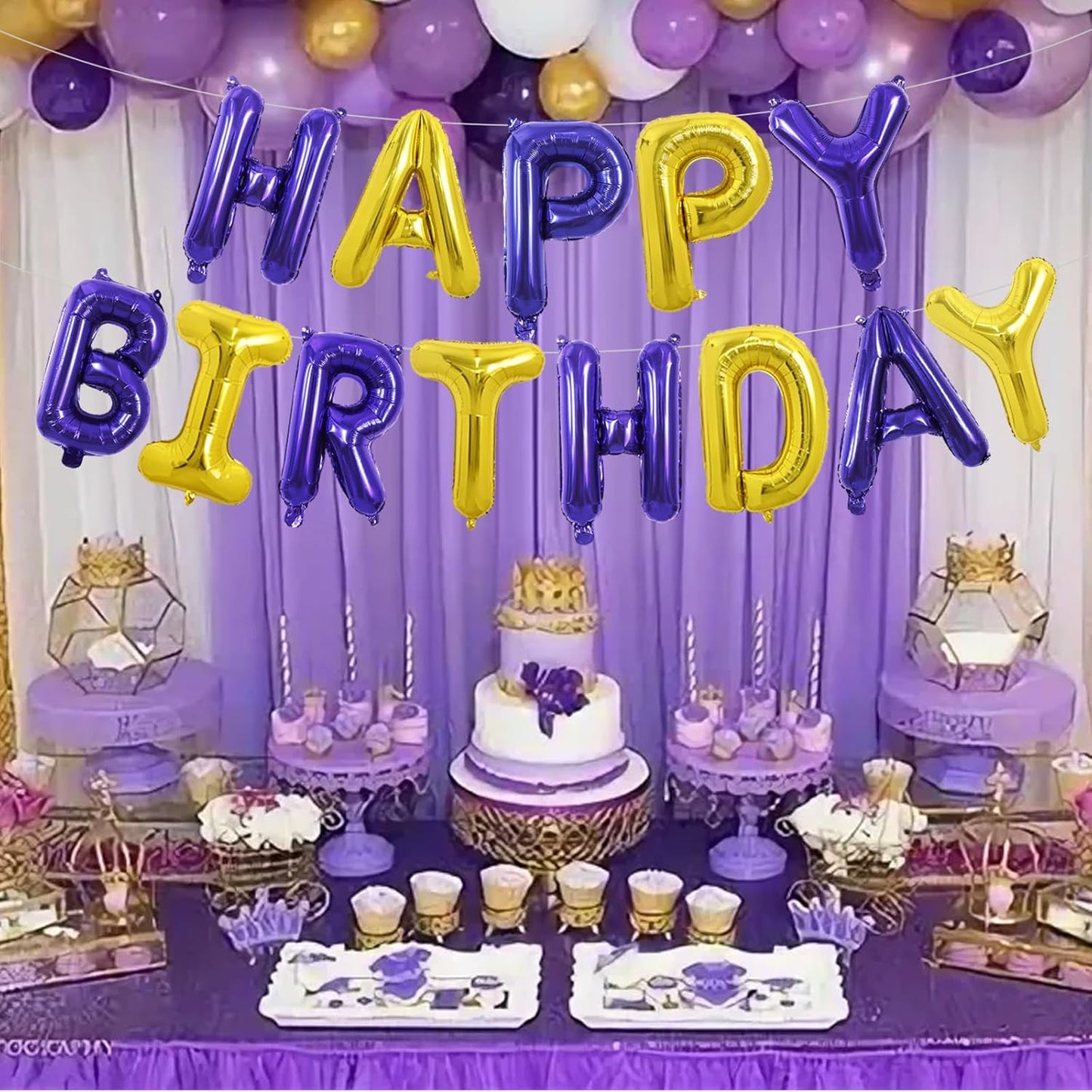 TONIFUL Happy Birthday Balloons with Ribbon Straw, 16 Inch Mylar Letters Birthday Sign Banner Bunting Reusable for Girls Boys Kids & Adults Party Decorations Supplies（Purple Gold）