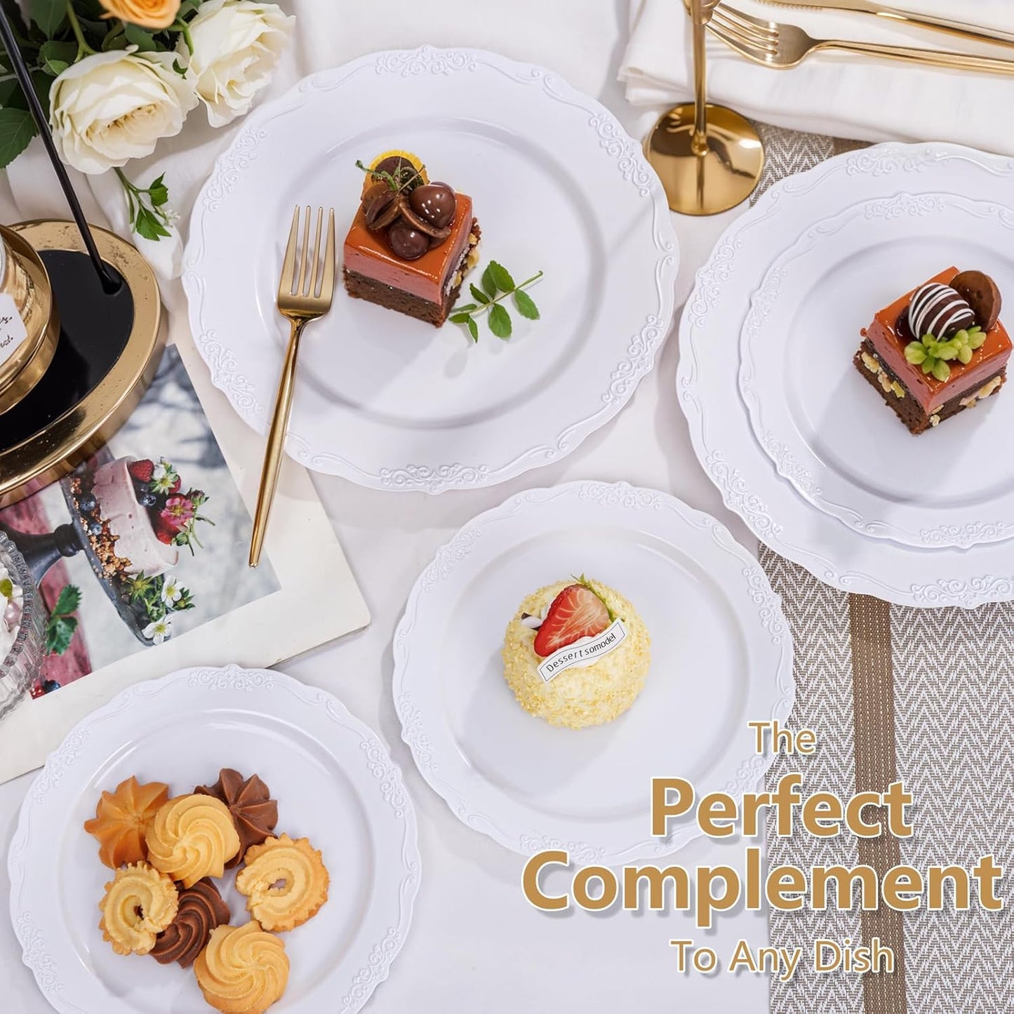 U-QE 100 Pieces White Plastic Plates - White Disposable Plates - Premium Hard Plastic Disposable Plates for Wedding and Party Use Including 50 Dinner Plates 10 '' & 50 Dessert Plates 7.5 ''