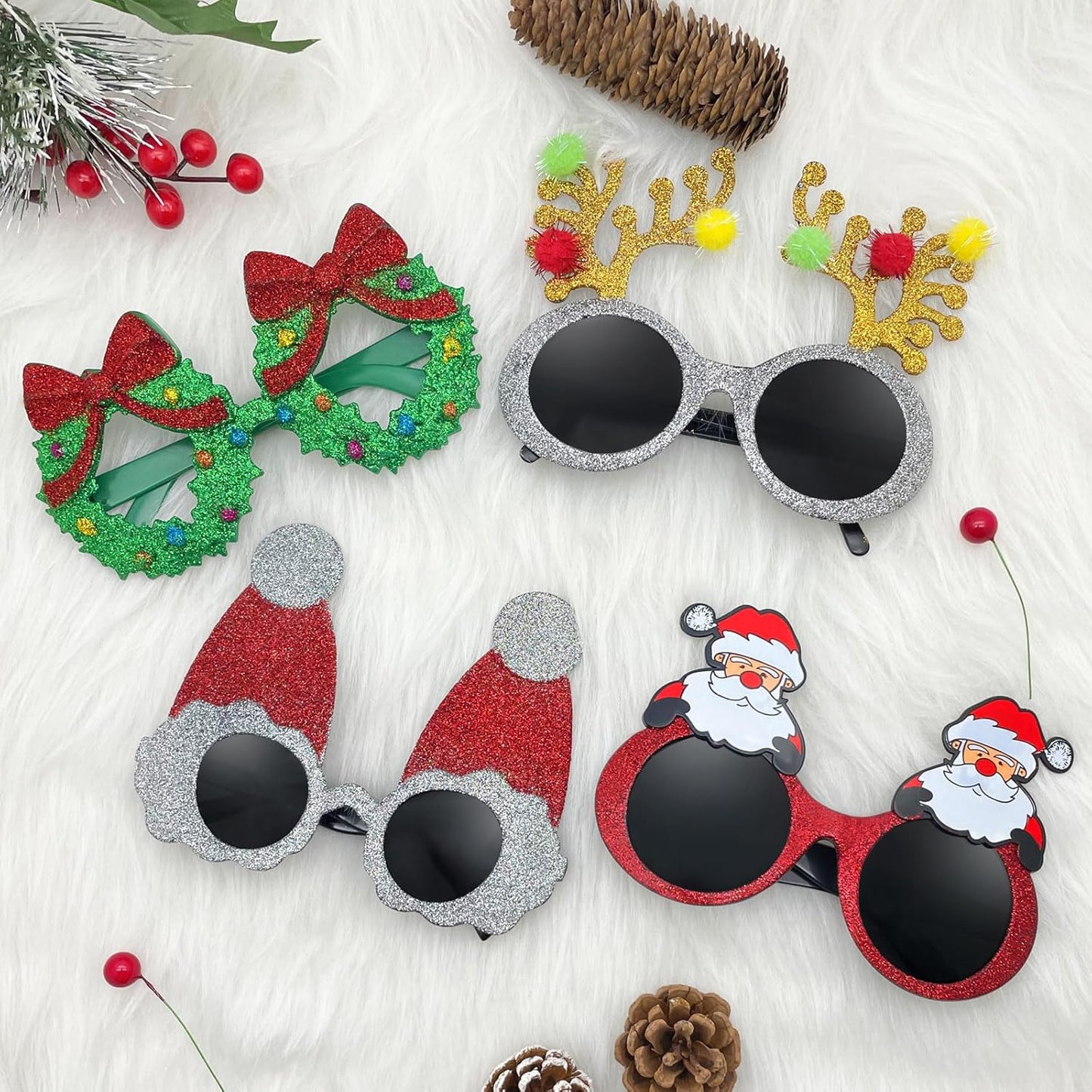 Pibupibu 8 Pack Merry Christmas Party Favors Funny Eyeglasses Set, Christmas Tree, Garland, Santa Claus, Elk, Snowman Eyewear