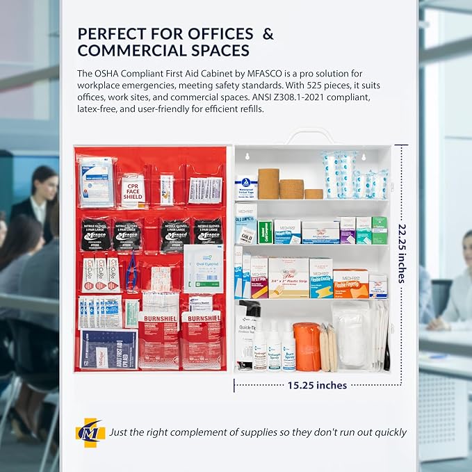 MFASCO 4 Shelf Commercial First Aid Kit, Type I & II, 2021 OSHA Approved,ANSI Z308.1-2021 Compliant, 528 pcs Latex-Free, Wall Mount Cabinet,No Medications,Easy Refilling Instructions, with Tourniquet