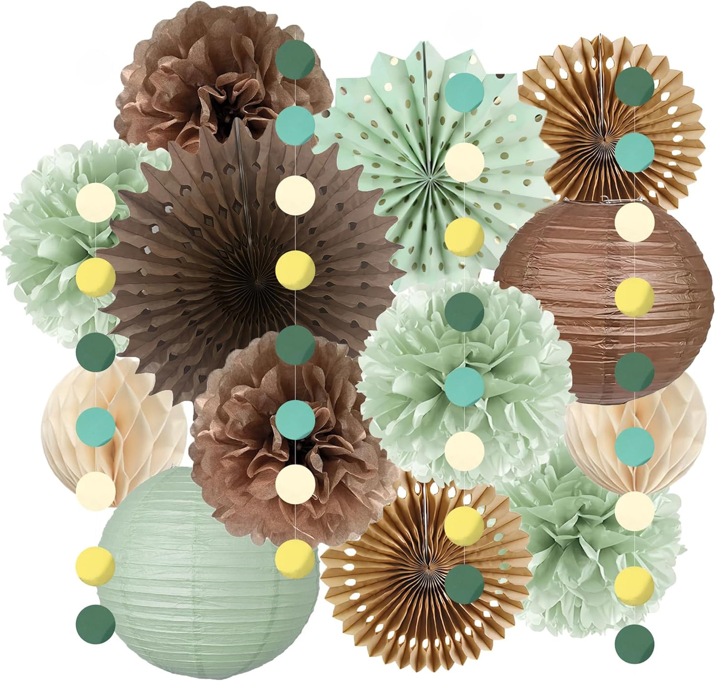 Sage Green and Brown Party Decorations Sage Green and Brown Paper Fans Paper Lanterns Pom Poms Flowers for Baby Shower Birthday Wedding Engagement Party