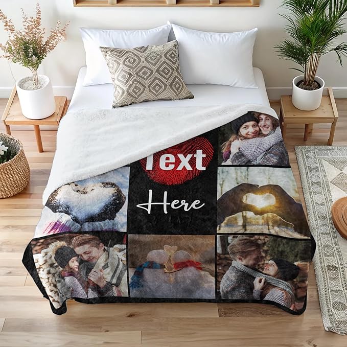 Ships Next Day Custom Blanket with Picture Text Personalized Throw Blanket Photo Collage Blankets Customized Valentines Day Gifts for Couple Girlfriend Boyfriend Her Him Wife Husband
