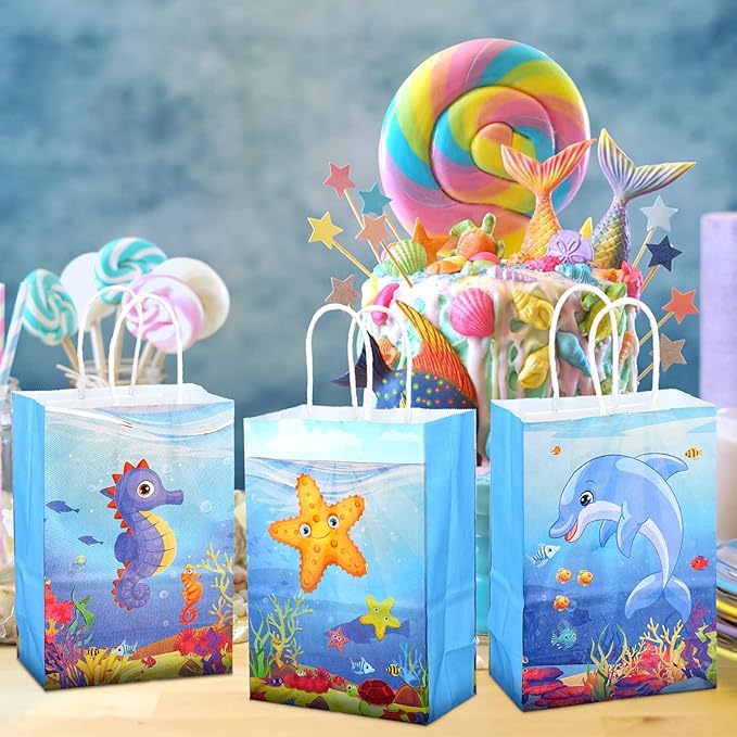 Outus 24 Pcs Under the Sea Party Favor Bags Goodie Ocean Gift Paper Bags with Handles Sea Animal Candy Treat Pouch for Summer Ocean Birthday Party Decorations Baby Shower Supplies