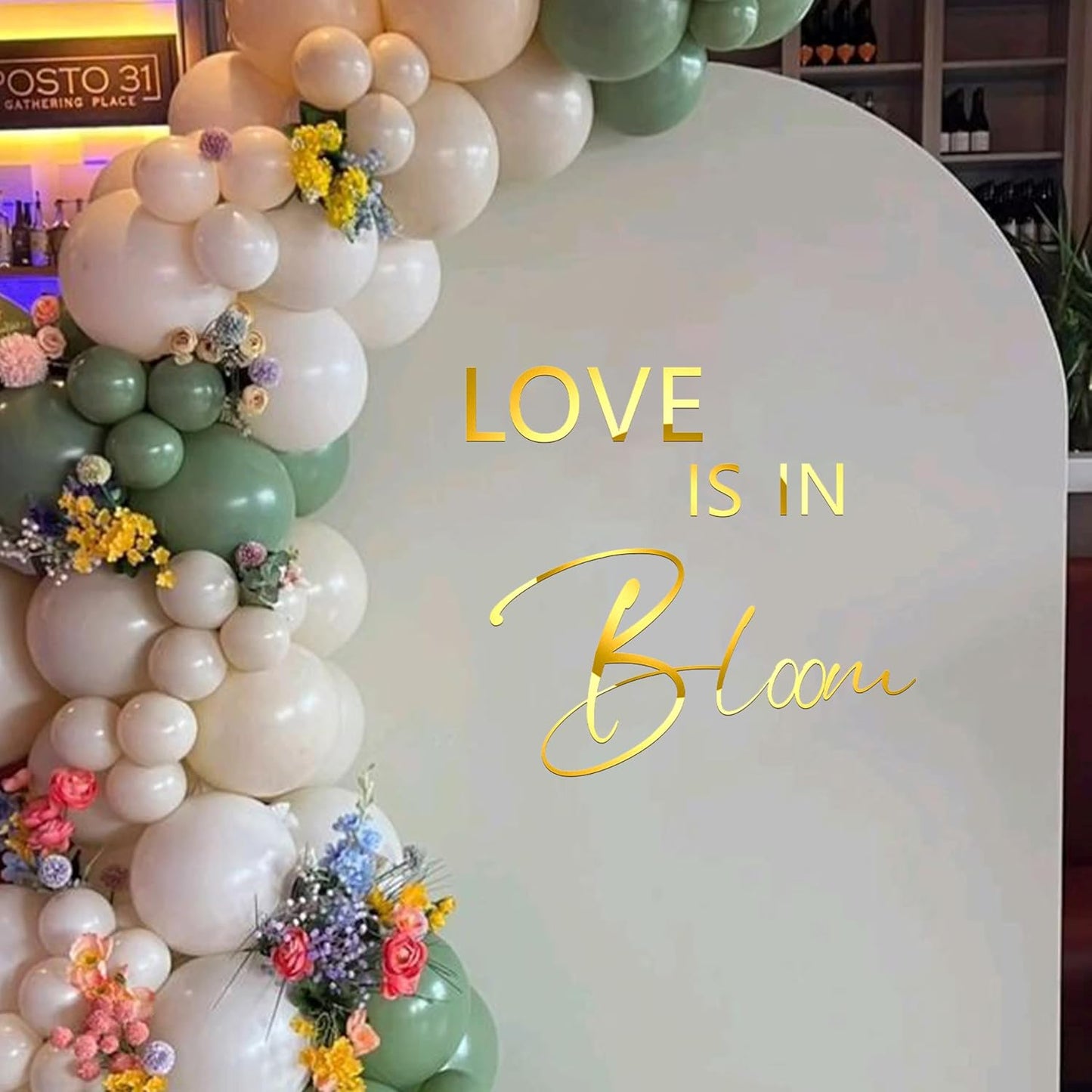 Love is in Bloom Decal - Bridal Shower Party Decoration Supplies, Bride-to-Be, Wedding, Bachelorette Party Wall Sticker, Gold Sign Bloom Decal Balloon Arch Decoration