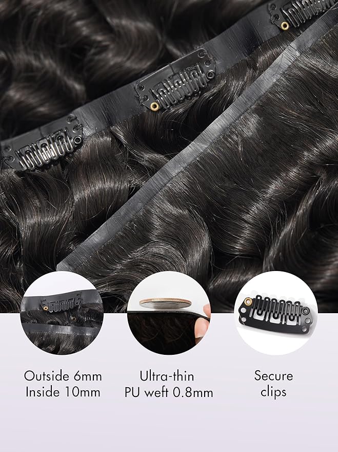 LUVME Hair Extensions Natural Black 26 Inch 135g 7pcs Real Human Hair Loose Deep Wavy Remy Clip in Human Hair Extensions Thick Hair