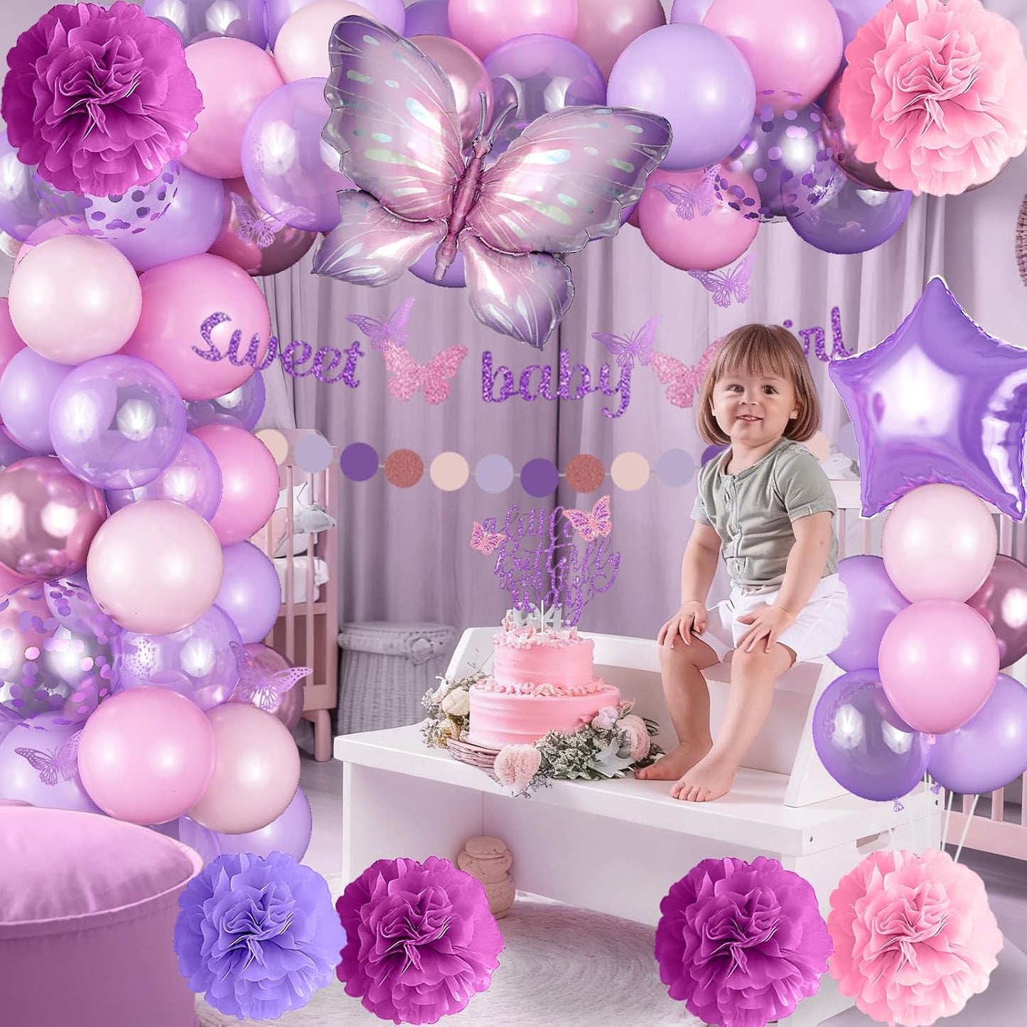 Butterfly Baby Shower Decorations for Girl, Sweet Baby Girl Banner with Pearl Pastel Purple Light Pink Latex Foil Balloons Cake Topper Pom Poms for A Little Butterfly Is On The Way Decoration Supplies
