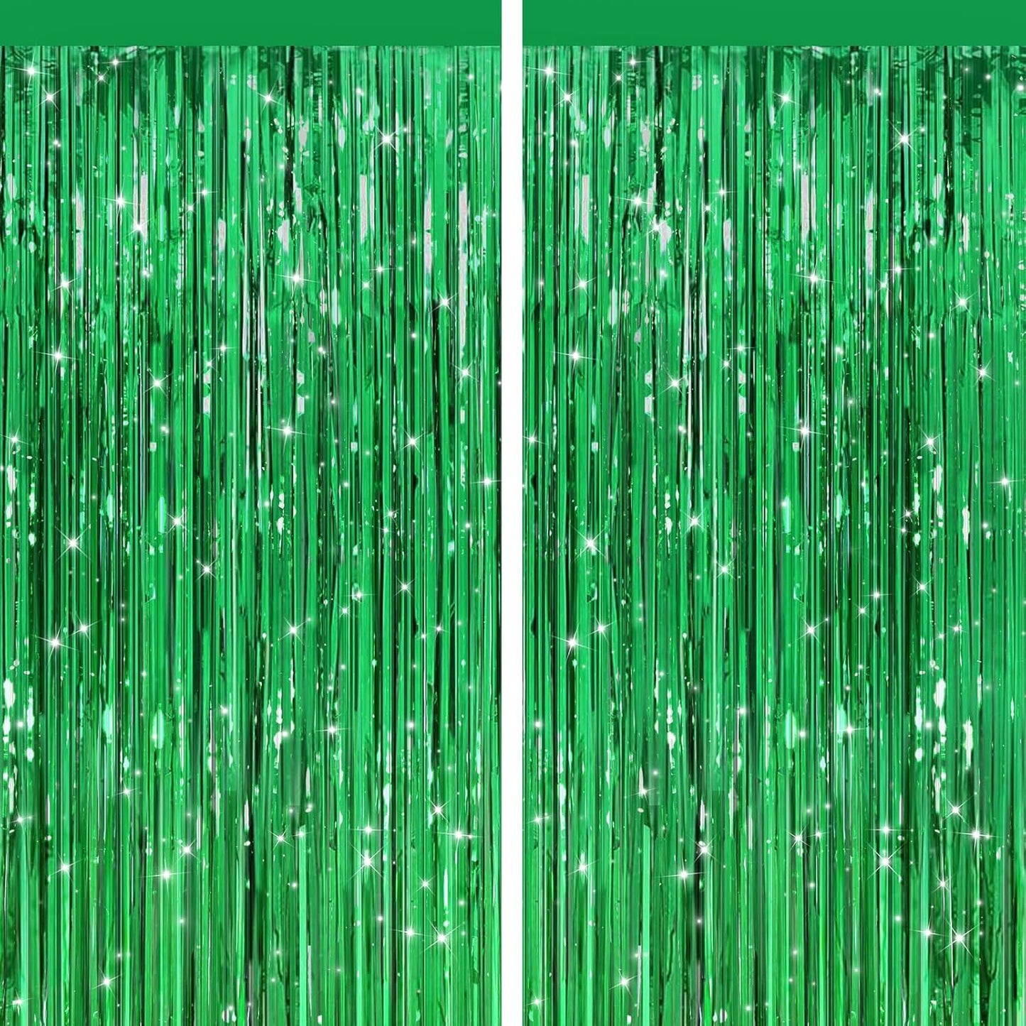 2 Pack Green Metallic Tinsel Foil Fringe Curtains, Door Streamers Photo Booth Backdrop for Birthday Party, Tinsel Curtain Backdrop for Baby Shower Bachelorette Christmas Party Decorations