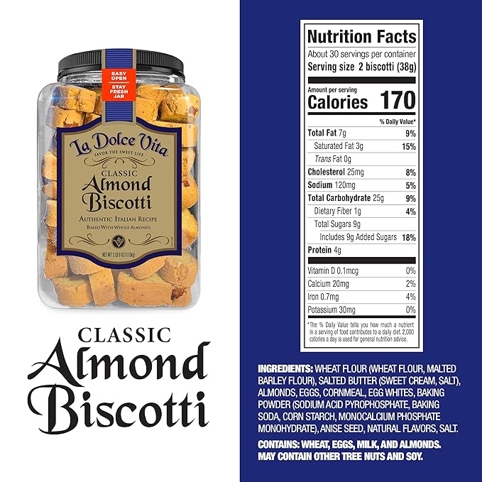 La Dolce Vita Classic Almond Italian Biscotti Cookies, Gourmet Coffee & Tea Dipping Snack, 40 oz Jar