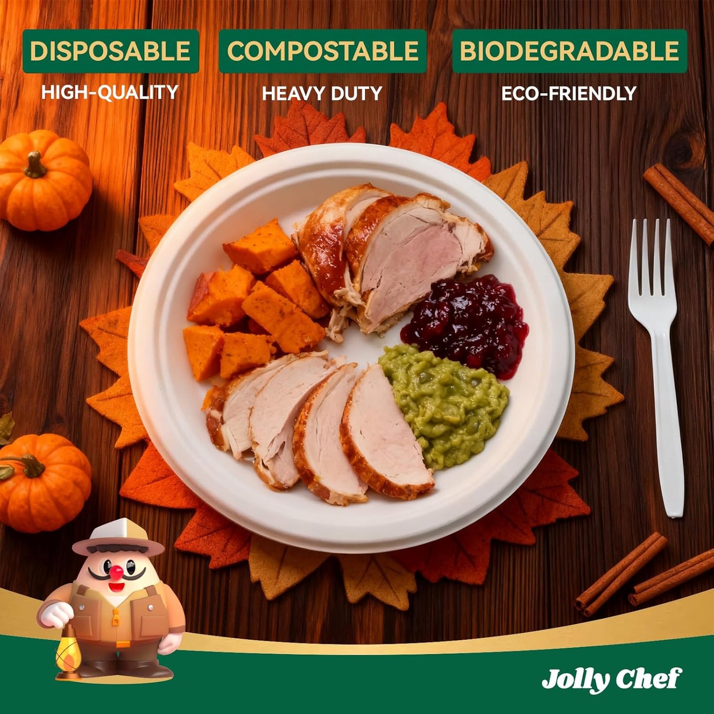 JOLLY CHEF Compostable Heavy Duty Plates 𝟭𝟬 𝗜𝗻𝗰𝗵 [𝟭𝟮𝟱 𝗣𝗮𝗰𝗸] Eco-Friendly Disposable White Paper Plates Made of Bagasse Biodegradable Bulk for Party Dinner Sugarcane Fibers Round 125 Count