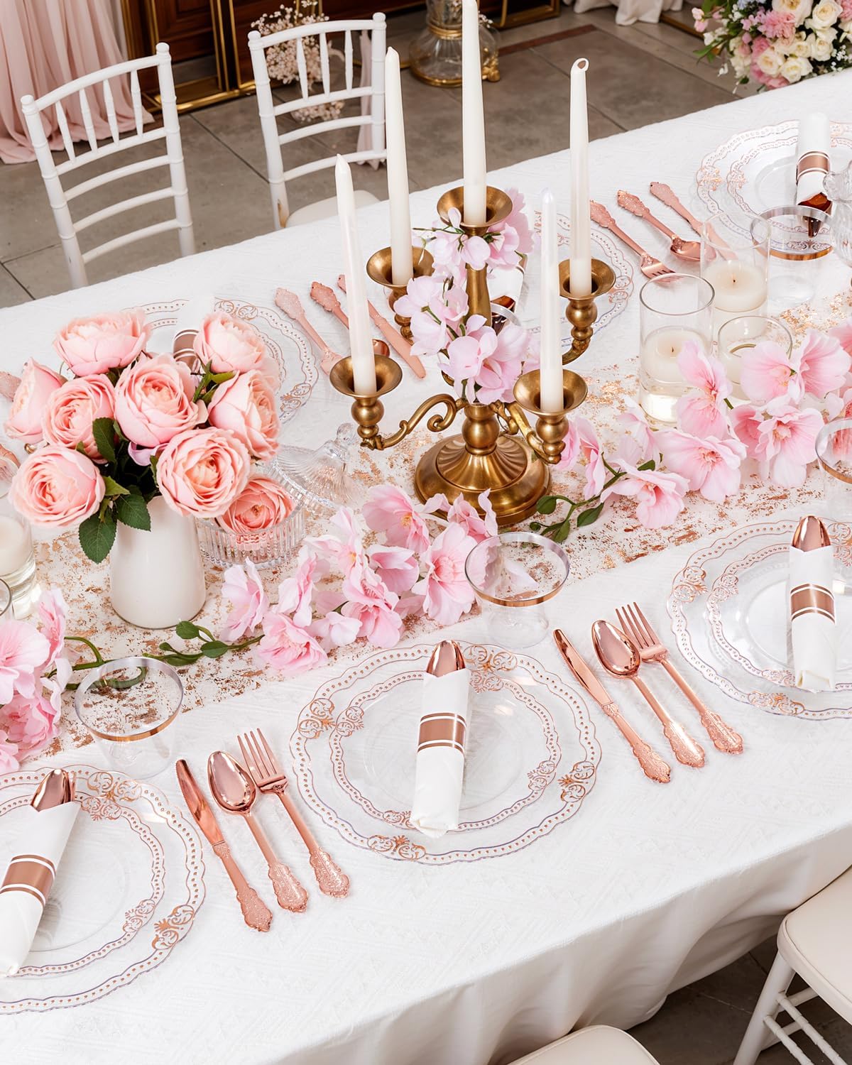 Ciaell 350 PCS Rose Gold Plastic Plates - Rose Gold Disposable Plates Dinnerware Include 50 Disposable Plate, 50 Heavy Duty Silverware, 50 Cups, 50 Napkins for Wedding & Party & Anniversary