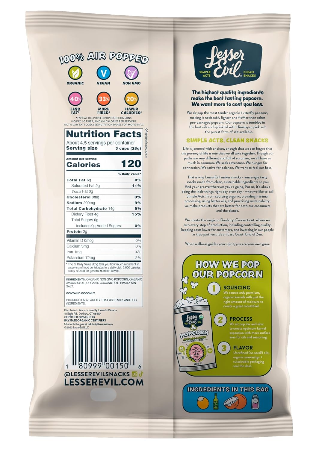 LesserEvil Avocado-licious Organic Popcorn, Amazon Exclusive, Premium Quality, Minimally Processed, No Vegetable Oil, 4.6 Oz, Pack of 3