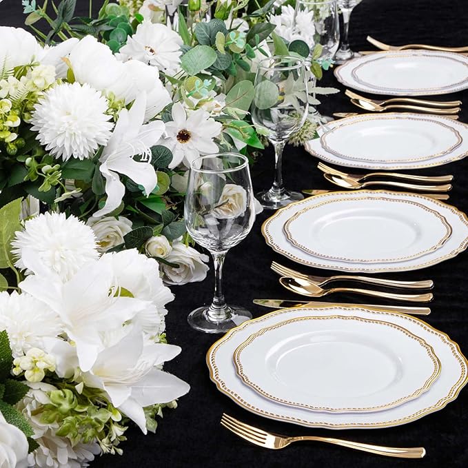 Hioasis 60pcs Gold Plastic Plates - White and Gold Disposable Dinnerware with Gold Rim, Heavy-duty, 10 inch, Dinner Plates for Party & Wedding