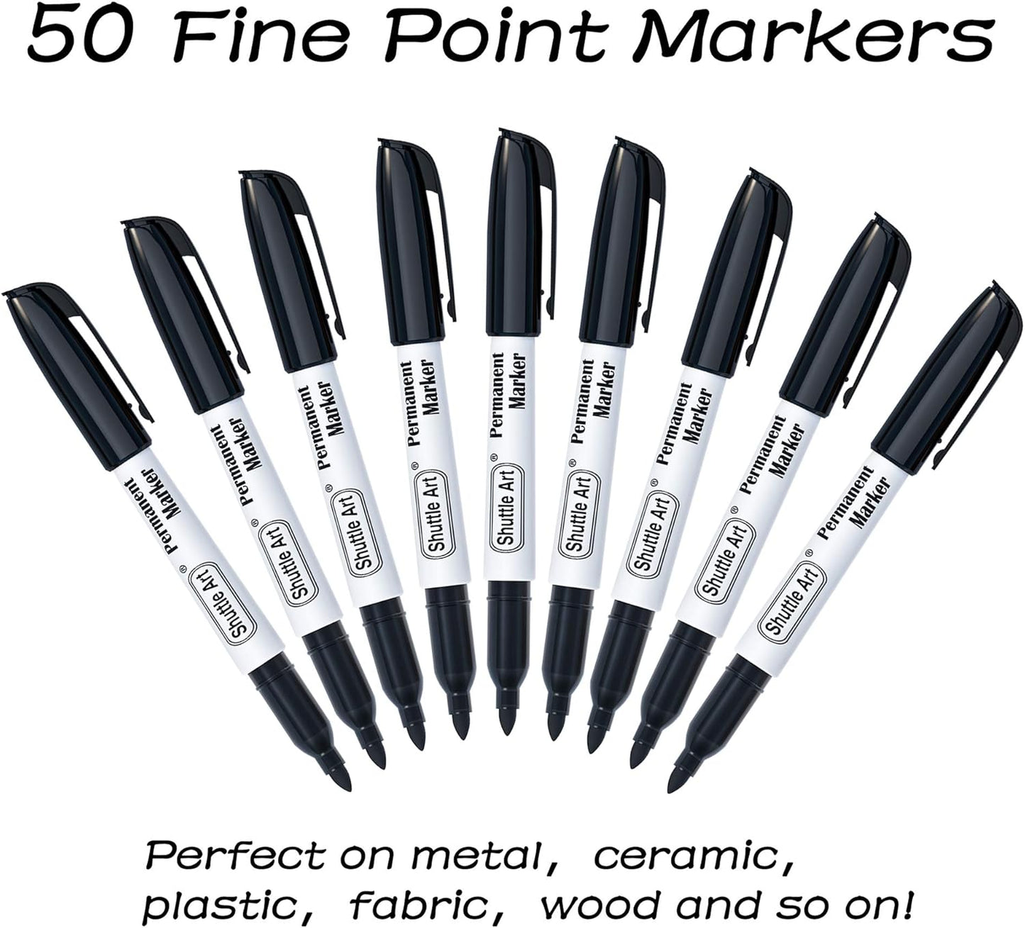 Shuttle Art Permanent Markers, 50 Pack Black Permanent Marker set,Fine Point, Works on Plastic,Wood,Stone,Metal and Glass for Doodling, Marking
