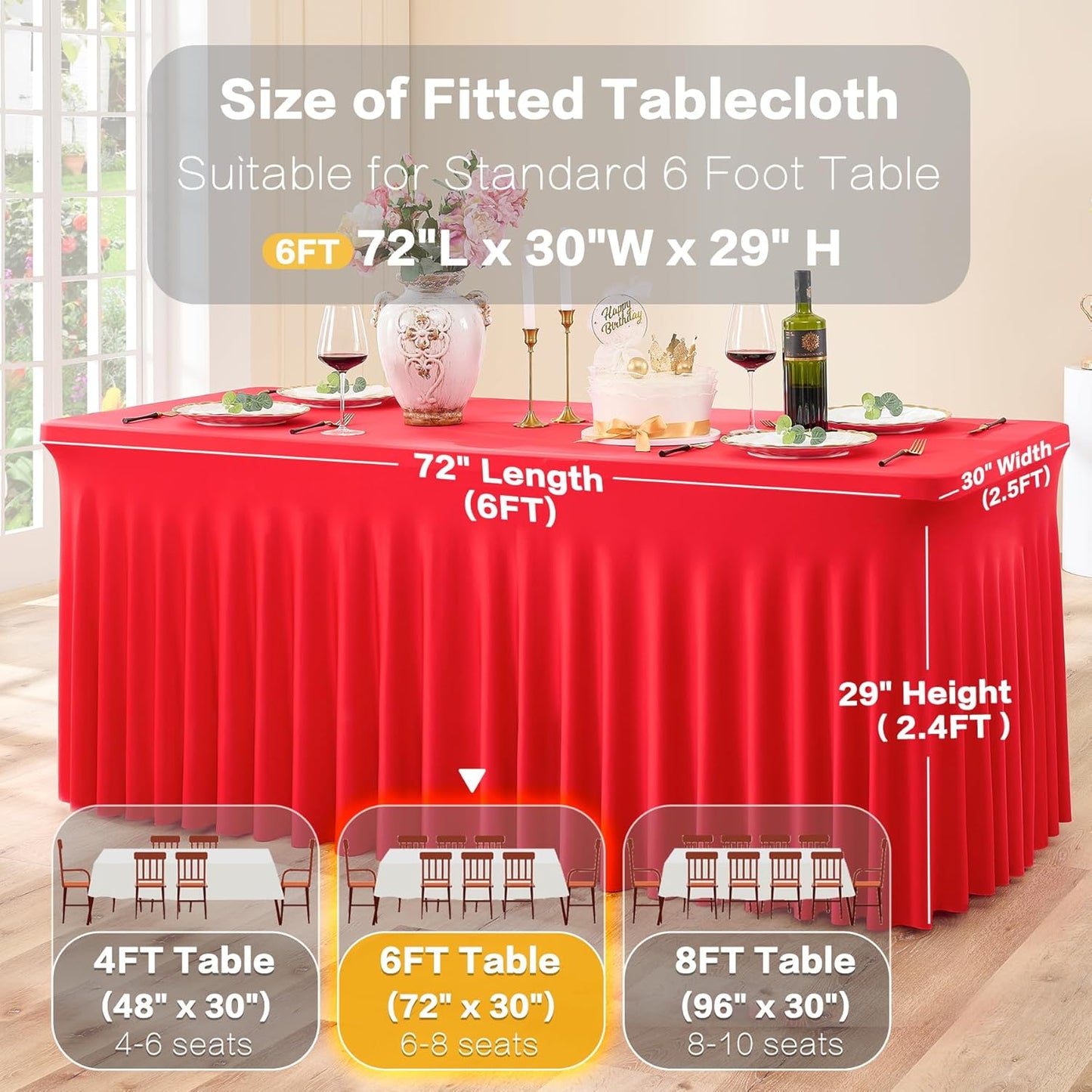 2 Pack Red Spandex Tablecloths for 6 Foot Rectangle Tables, Wrinkle Free 6ft Fitted Table Cloth Stretchy Table Clothes with Skirt for Parties Weddings Birthday Banquet Baby Shower