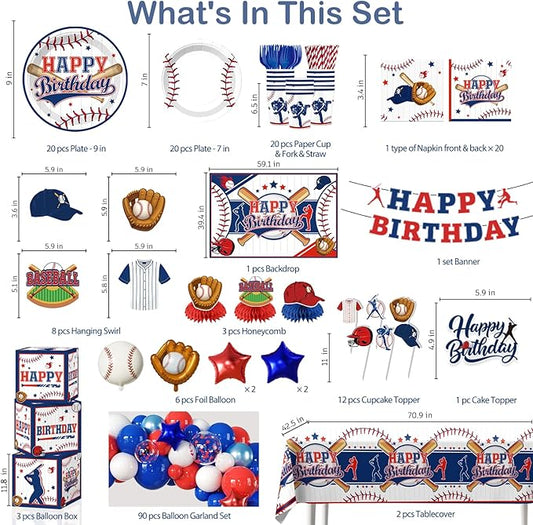 259pcs Baseball Birthday Decorations, All-in-one Baseball Birthday Party Pack with 20pcs Plates, Napkins, 2pcs Tablecloth, Banner, Balloon Arch for Baseball Party Supplies, 20 Guests