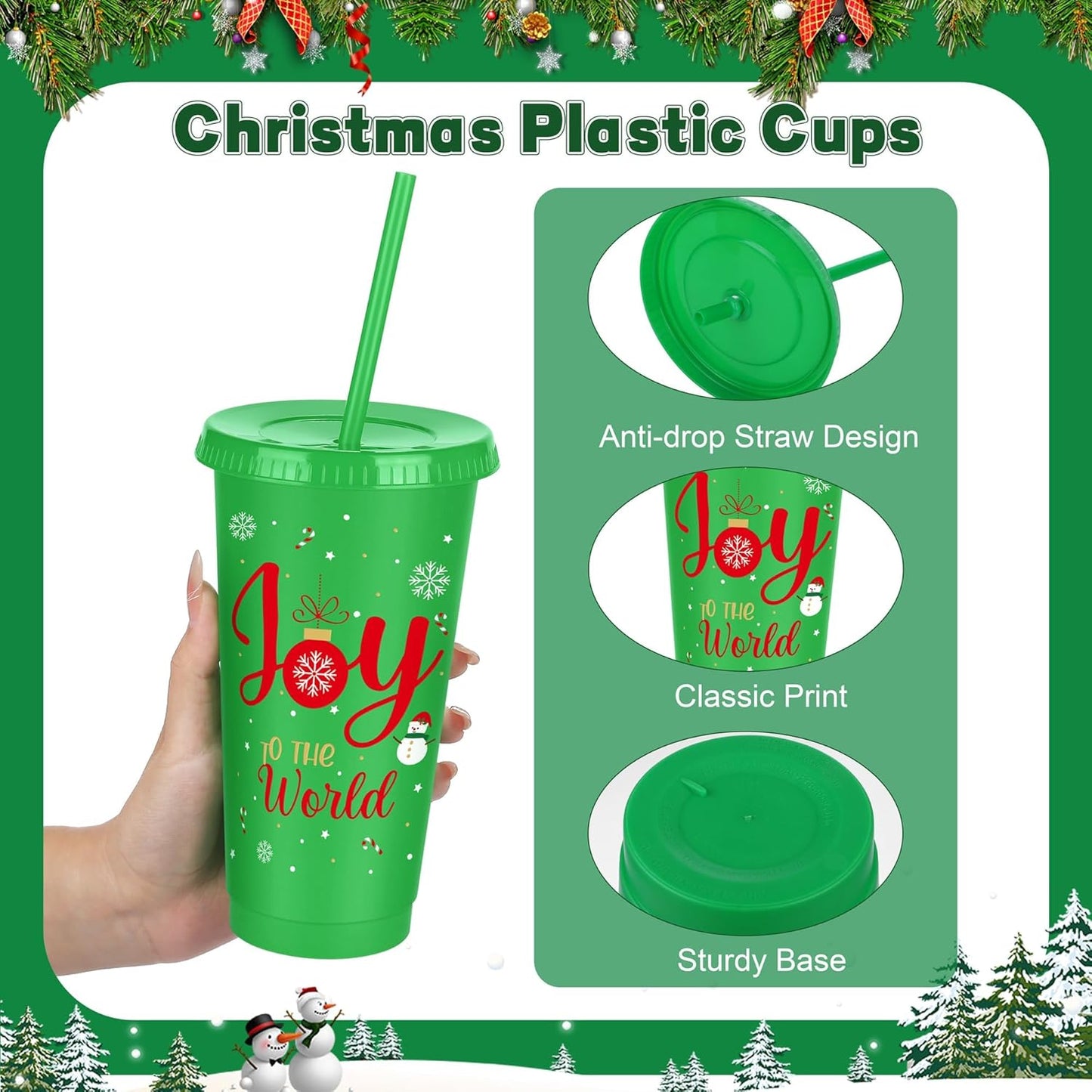 24 Pieces Christmas Plastic Cups 24oz Reusable Plastic Tumbler with Lids and Straws Bulk Christmas Holiday Drinking Cups for Xmas Party Supplies, 6 Designs