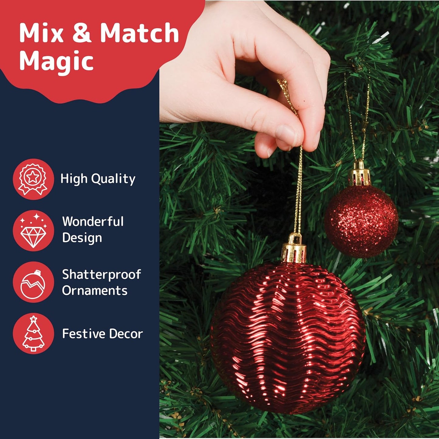 Prextex 36pc Shatterproof Red Christmas Balls Ornament Set - Festive Christmas Tree Ornaments in 3 Different Sizes and 6 Styles - Holiday Decoration with Hanging Loops for Tree, Wreath, Party Decor