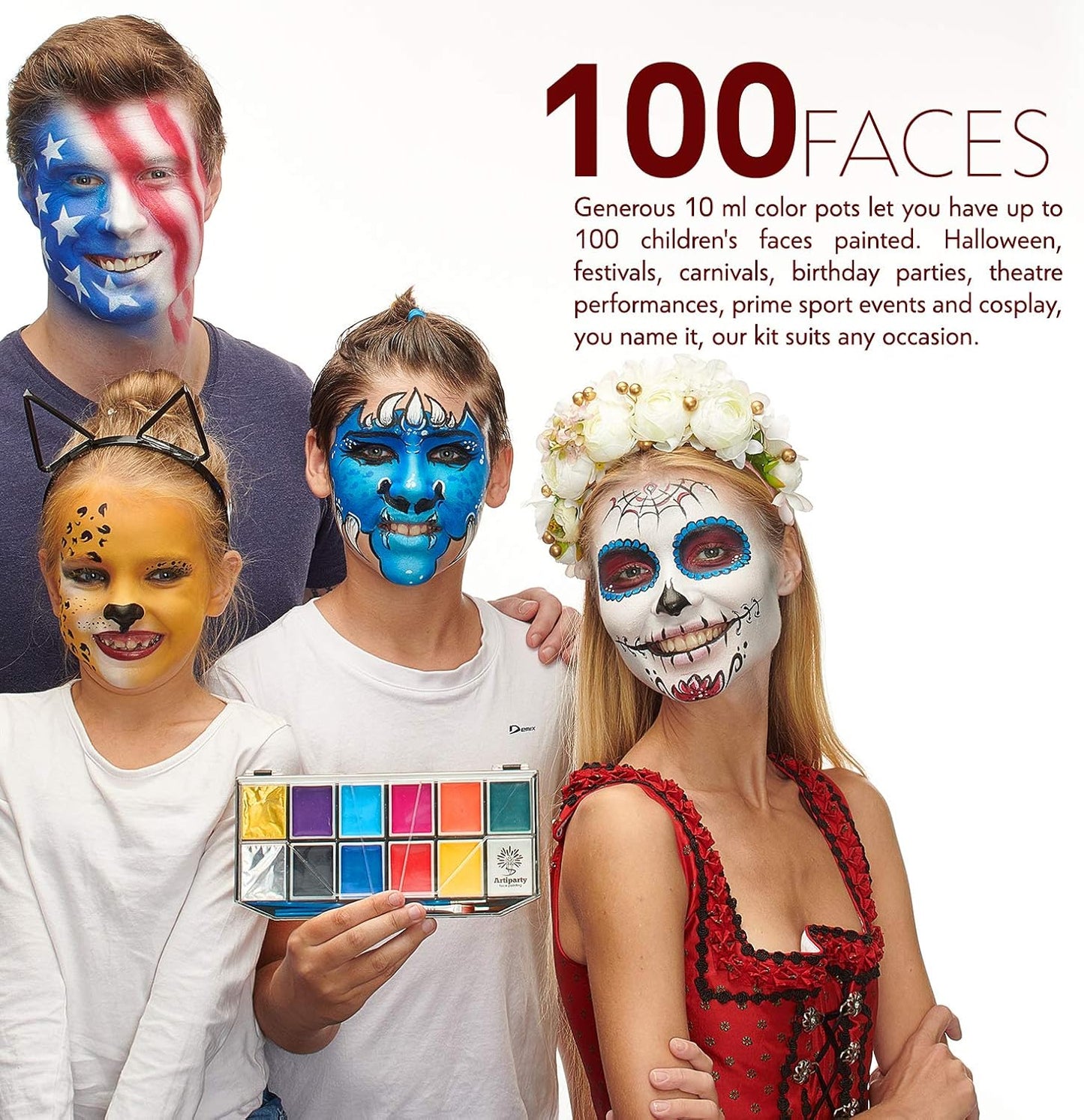 Face Paint Kit - Dermatologically Tested, Non-Toxic & Hypoallergenic - Professional Painting for Kids & Adults - Cosplay Makeup - Easy to Apply & Remove - Leakproof Dry Glitters
