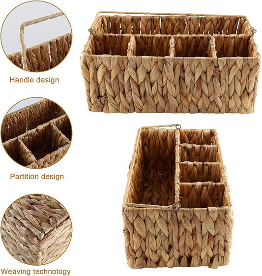 Silverware Organizer,Hand-Woven Wicker Kitchen Utensil Caddy with Handle,Cutlery Holder for Party Camping,Flatware Spoon Condiment Basket,Water Hyacinth Utensil Holder for Kitchen Counter