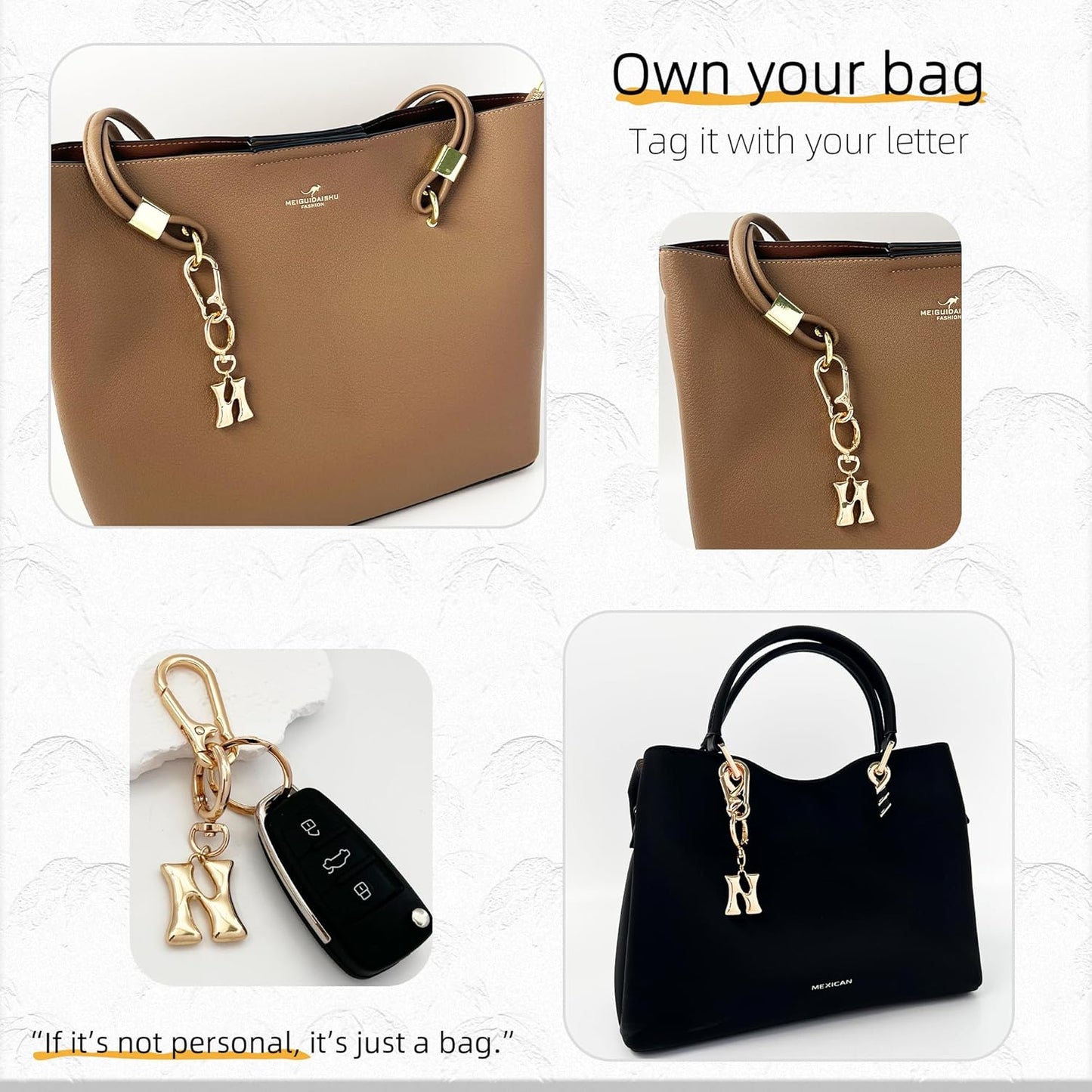 Gold Bubble Heart Initial Bag Charms for Handbags – Cute Initial Letter Keychain for Women, Purse Charms, Gold Gift