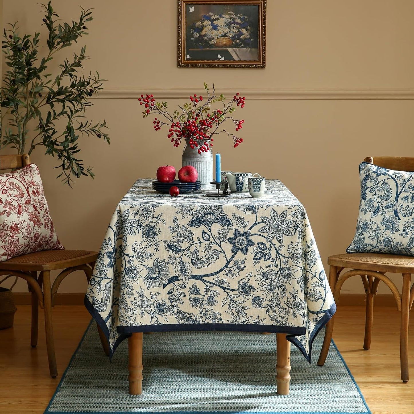 ISAENNE Designer French Linen Extra Long Rectangle Tablecloth,Blue Floral Washable Indoor Table Cloth,Durable Home Decor Tablecloths for Dining Thanksgiving Kitchen Party,67"*118"-Ruyi B