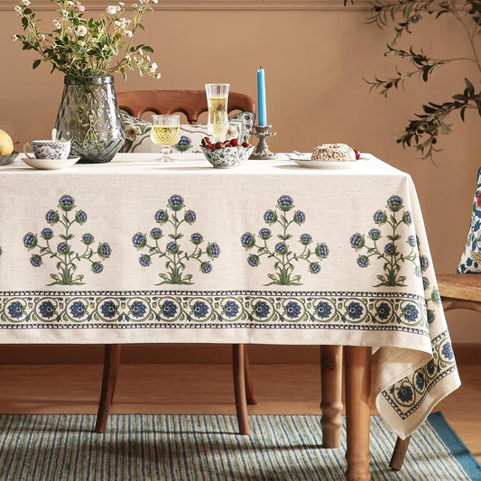 patdrea Designer Linen Vintage Blue Long Rectangle Tablecloth,Leaves Pattern Durable Floral Table Cloth,French Table Cover Cloth Decor for Kitchen Dining,Thanksgiving,Party,63"x102"-Ivar B