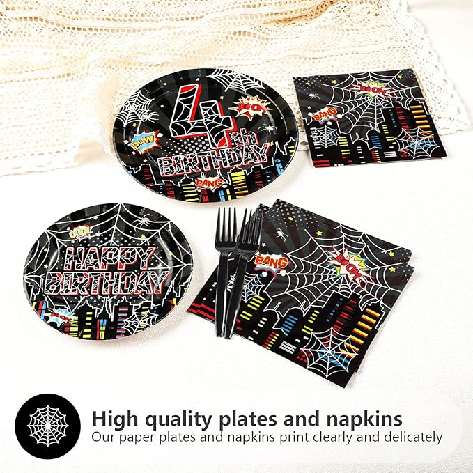 96 Pcs Spider 4th Birthday Party Supplies Black Spider 4th Birthday Plates Disposable Cartoon Super Theme Hero Paper Tableware Set for Boys Kids Spider 4 Year Old Party Decorations Serves 24
