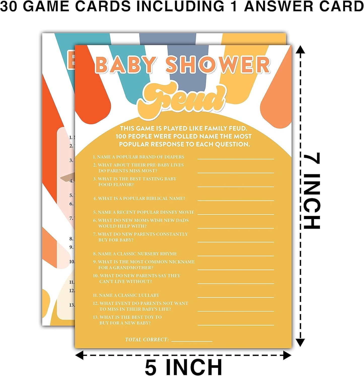 Boho Sunshine Baby Shower Games for Boy, 30 Baby Shower Feud Game Cards with 1 Answer Card, Gender Reveal Party Supplies Favors (5"x7") -A07