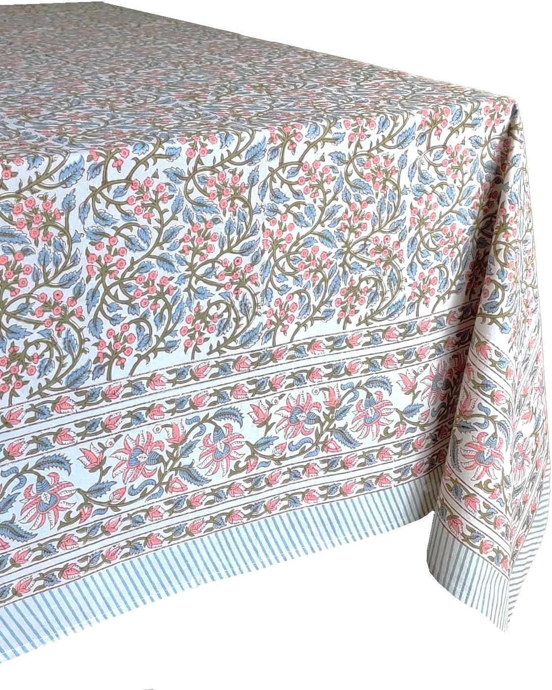 ATOSII Kalina 100% Cotton Fall Rectangle Tablecloth, Handblock Print Floral Table Cloth for Kitchen Dining Linen I Weddings Outdoors Easter Spring Summer I 72 X 120 Inches I 10 Seater