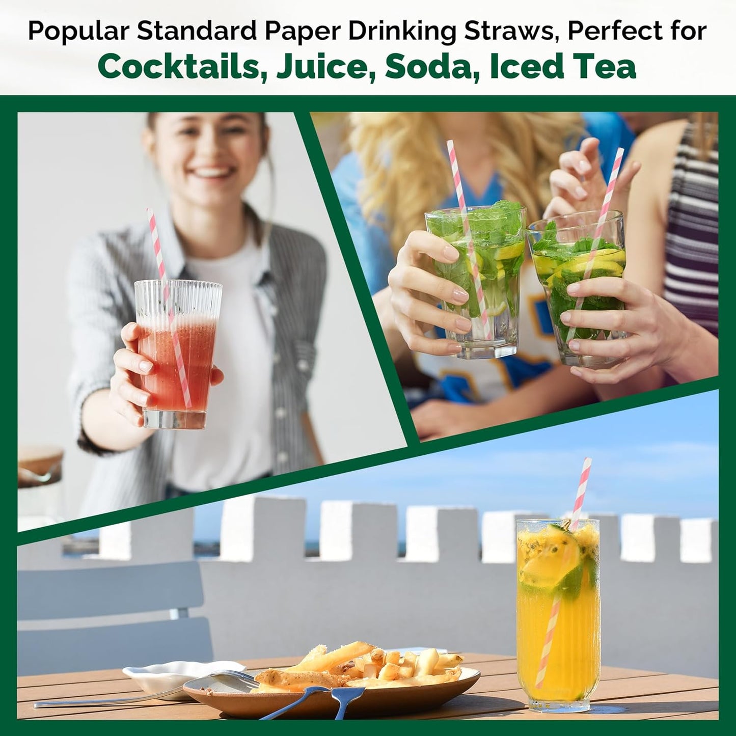 [1000 Count] Chunspak Pink and White Striped Paper Drinking Straws Bulk, 7.75" x0.24", Unwrapped - Biodegradable and Compostable