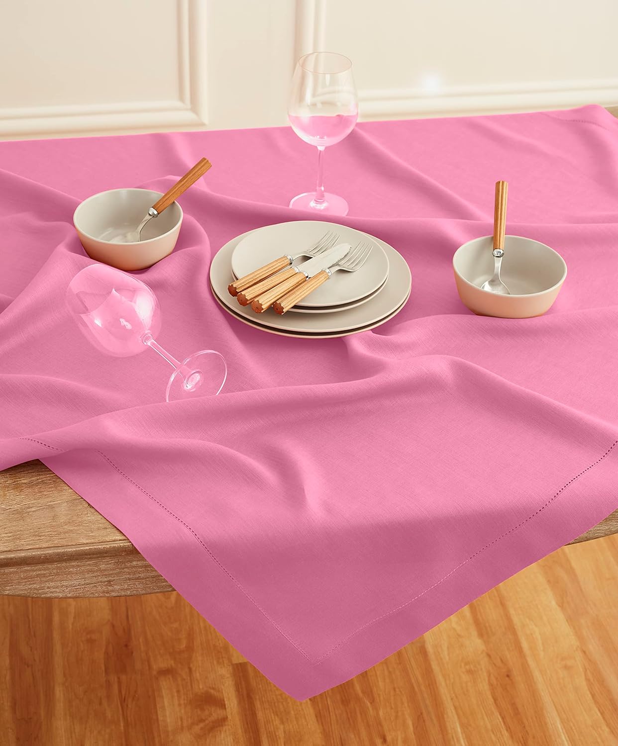 Solino Home Square Linen Tablecloth 52 x 52 Inch - 100% Pure Linen Flamingo Pink Table Throw - Classic Hemstitch, Machine Washable Table Cloth for Halloween