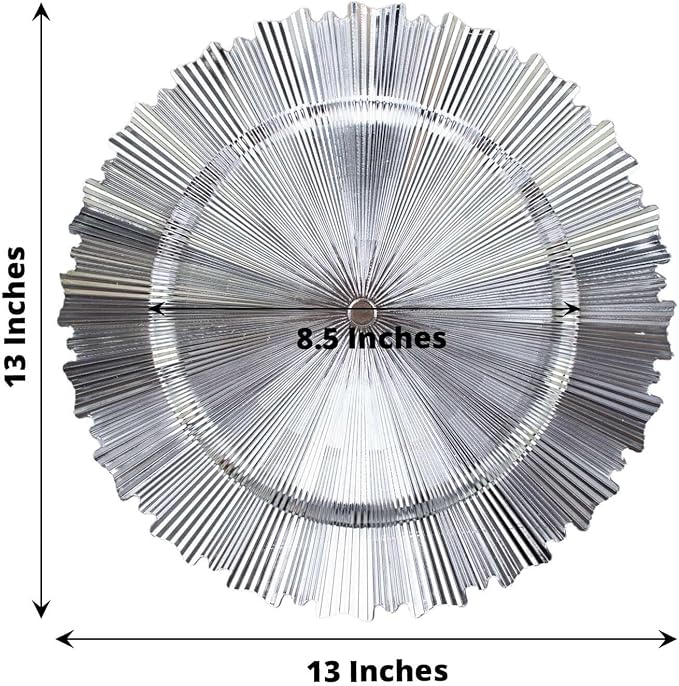 Efavormart 6 Pack | 13" Metallic Silver Sunray Acrylic Plastic Serving Plates, Round Scalloped Rim Disposable Charger Plates