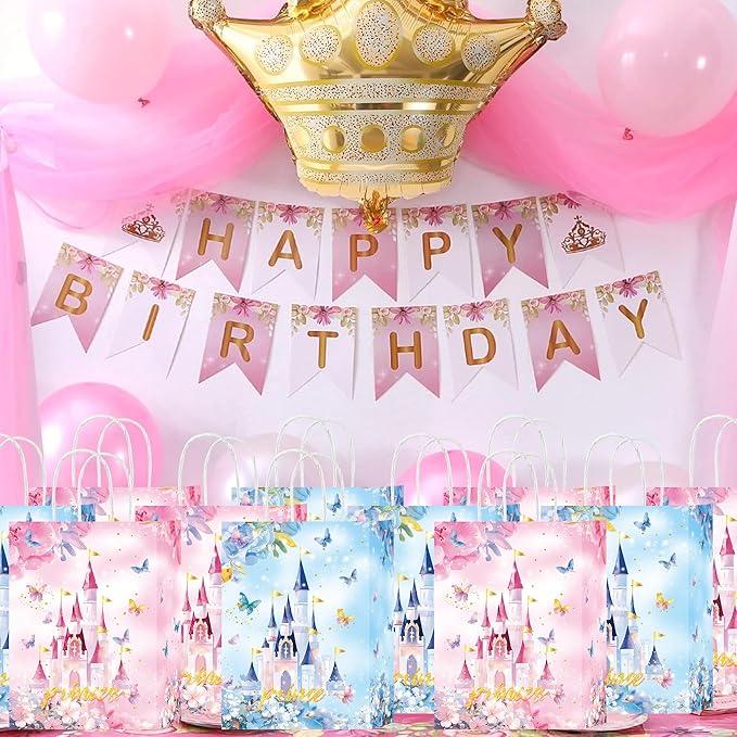 W WINTMING 20Pcs Princess Prince Party Favor Bag Blue Pink Castle Goodie Bag with Handles Butterfly Bag for Baby Shower Birthday Gender Reveal Party (Blue-castle)