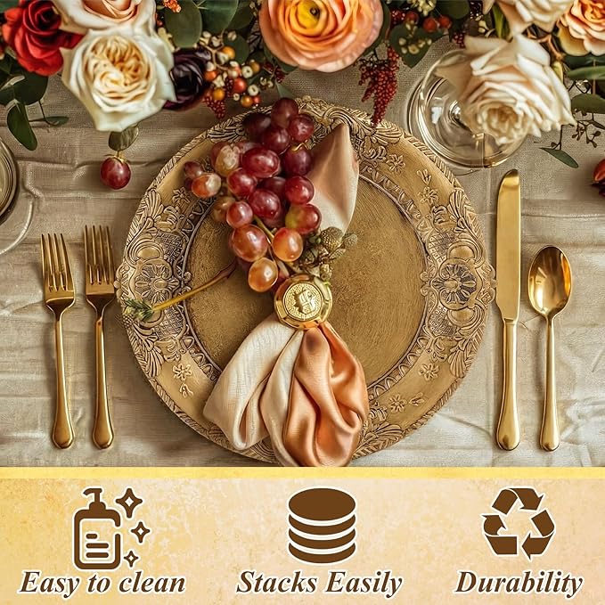 Mifoci Antique Gold Charger Plates Set of 6 Plastic Gold Chargers for Dinner Plates Decorative 13" Round Plate Bulk with Embossed Rim for Dinner, Party, Wedding