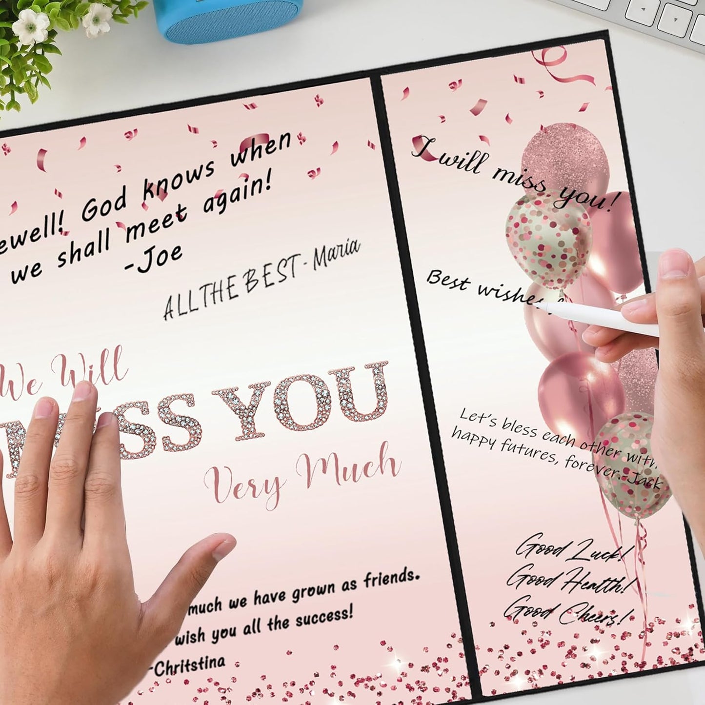 DARUNAXY Rose Gold Farewell Party Decorations for Women, We Will Miss You Very Much Alternative Signature Guest Book Girls Going Away Gifts Signing Card Board for Retirement Graduation Party Supplies