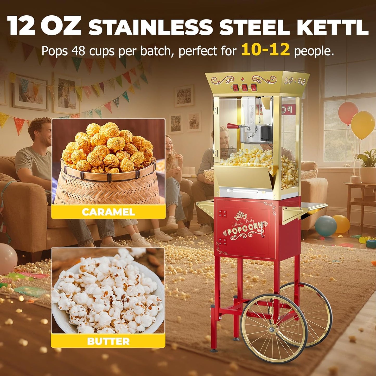 2025 Upgraded 12 oz Popcorn Machine Cart, Popcorn Maker Machine with Stainless-Steel Kettle Makes Up to 48 Cups, Movie Theater Pop Corn Machine with 3-Switch Control & Tempered Glass Doors, Red