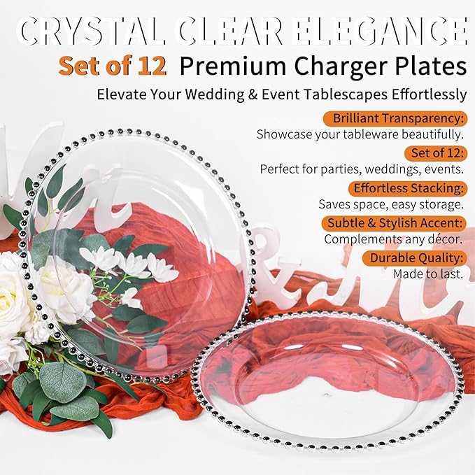 12 Pack Clear Charger Plates Bulk Wedding, 13 Inch Plastic Round Dinner Chargers with Black Beaded Rim, Acrylic Round Decorative Plates for Wedding Party Home and Tabletop Decor (Black)